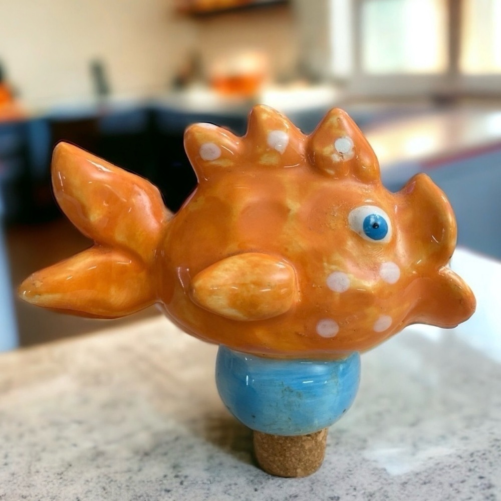 Ceramic Artist Clay Bottle Stopper Beachy Goldfish Whimsical Blue Eyed Polka Dot